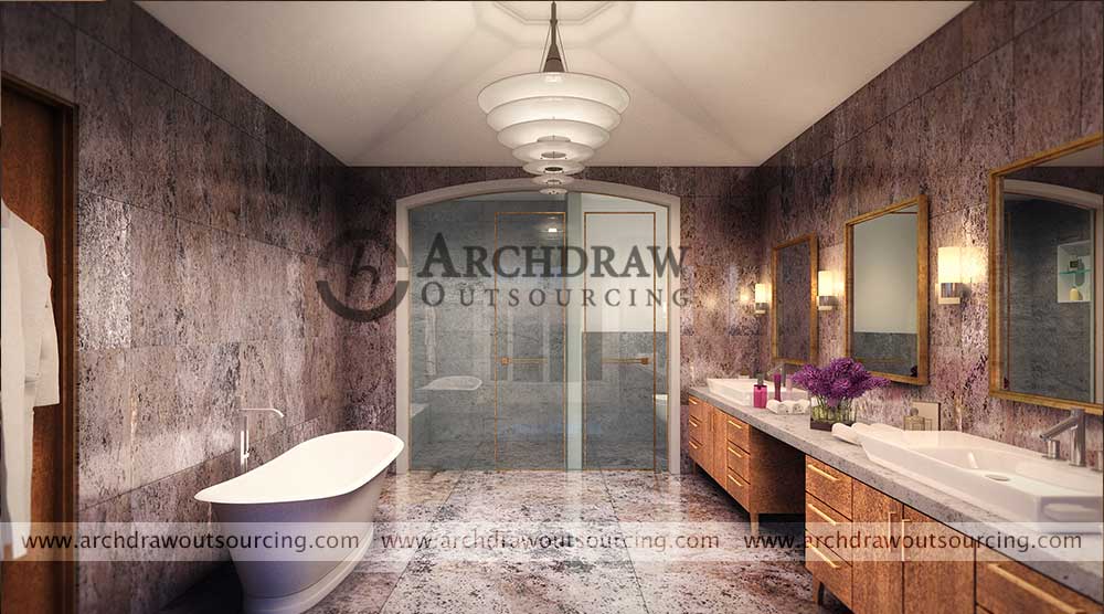 Villa Interior Bathroom 3D Rendering US